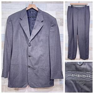 Jhane Barnes Vintage Wool Hopsack Suit Gray 3 Button Mens 42L 36W Pleated Pants